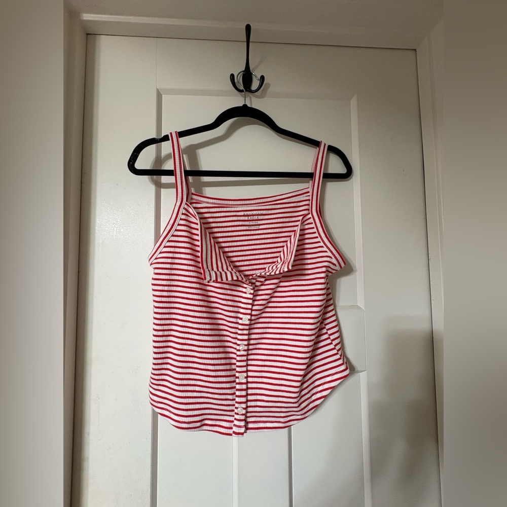 American Eagle Cropped Striped Red & White Button-Front Tank Top